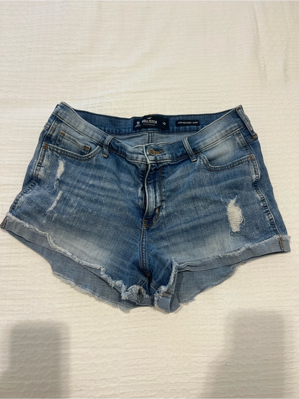 Hollister Frayed Distressed Mid-Rise Denim Shorts - Blue